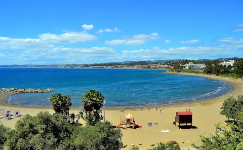 Panoramic view of Playa de Cristo in Estepona Malaga Spain